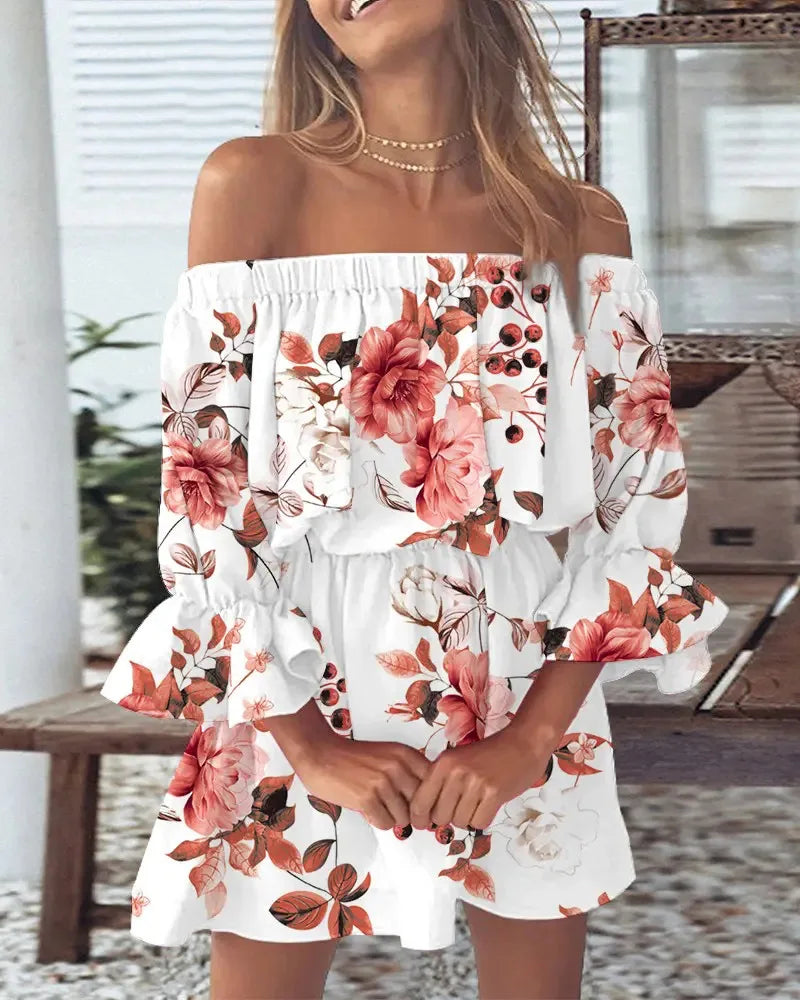 Sexy Neck Long Flare Sleeve Floral Print Mini Summer Boho Style Dress.  S-3x
