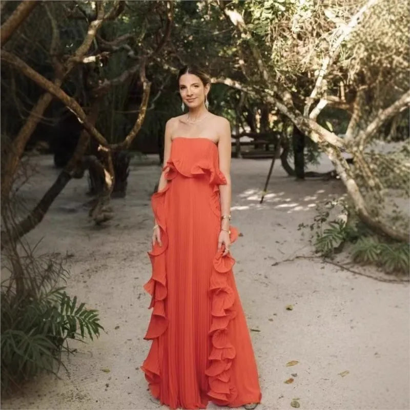 Trendy Women Summer Holiday Dress Pleated Chiffon Long Formal Dress ruffled Strapless Party Dress.  S-2X
