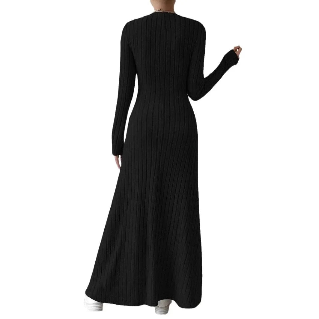 Fashionable Knitted Long Sleeve A- Line Streetwear Dress For Women Smooths And Slims Your Silhouette Solid Color Long Dress.  S-XL