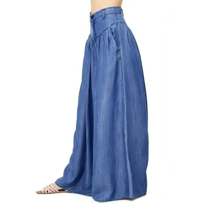 Ladies Casual Cotton Linen Jeans Fashion Solid Colour Wide Leg High Waist Long Pants.