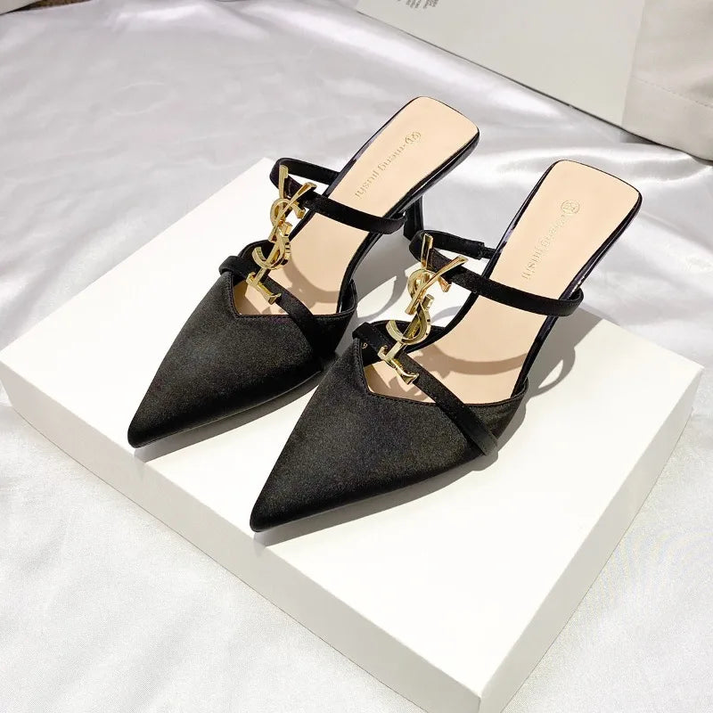 2025 Summer Luxury Women's Metal Decoration Pointed Stilettos Party Sexy High Heels Brand Designer