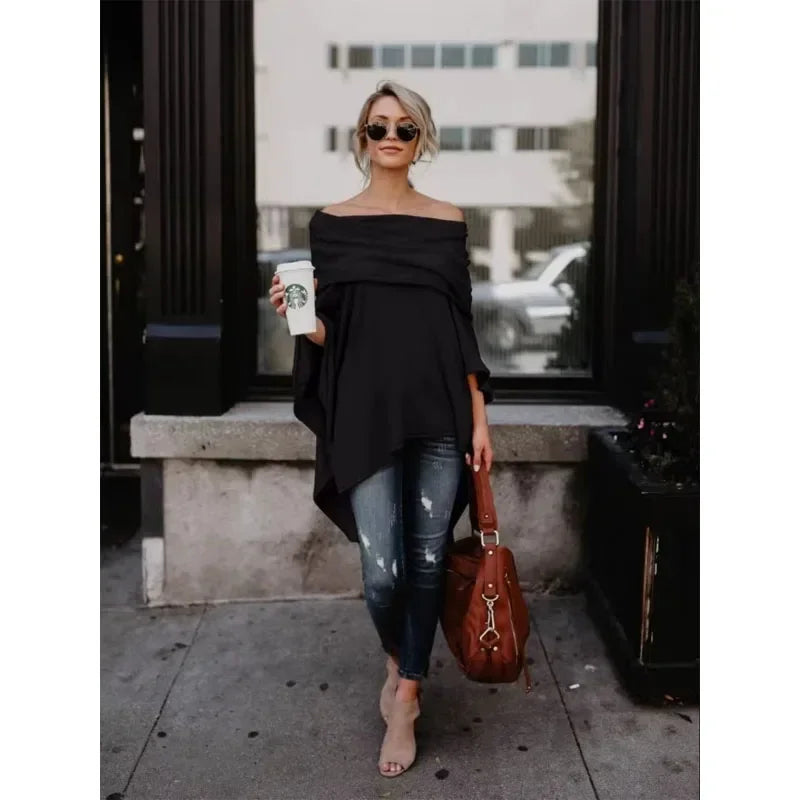 2025 New European Popular Off Shoulder Women's Spring And Autumn Loose Irregular Hem.  xS-3x