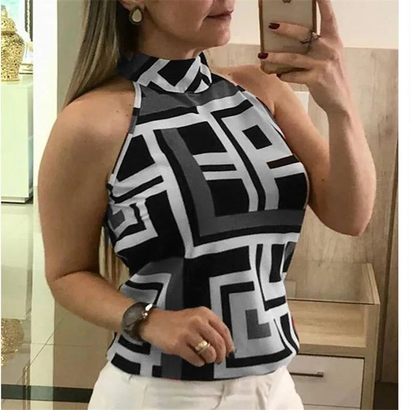 Trendy Tank Top Geometric Print Halter Sexy Casual Sleeveless Shirt.  M-3x