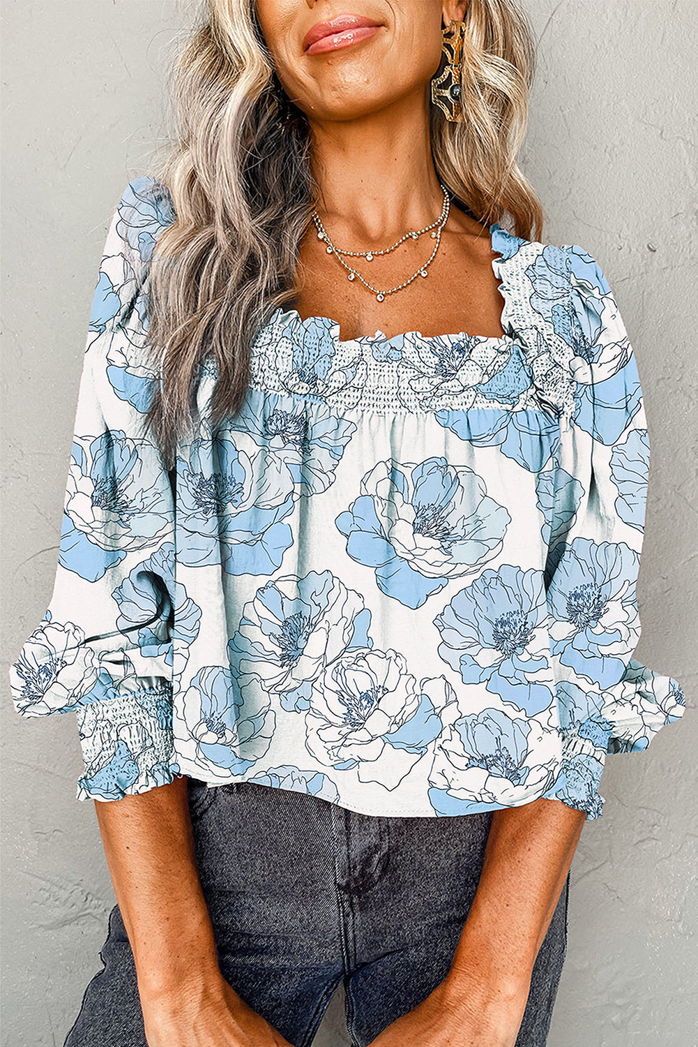 Sky Blue Floral Smocked Square Neck Blouse Women S–XL