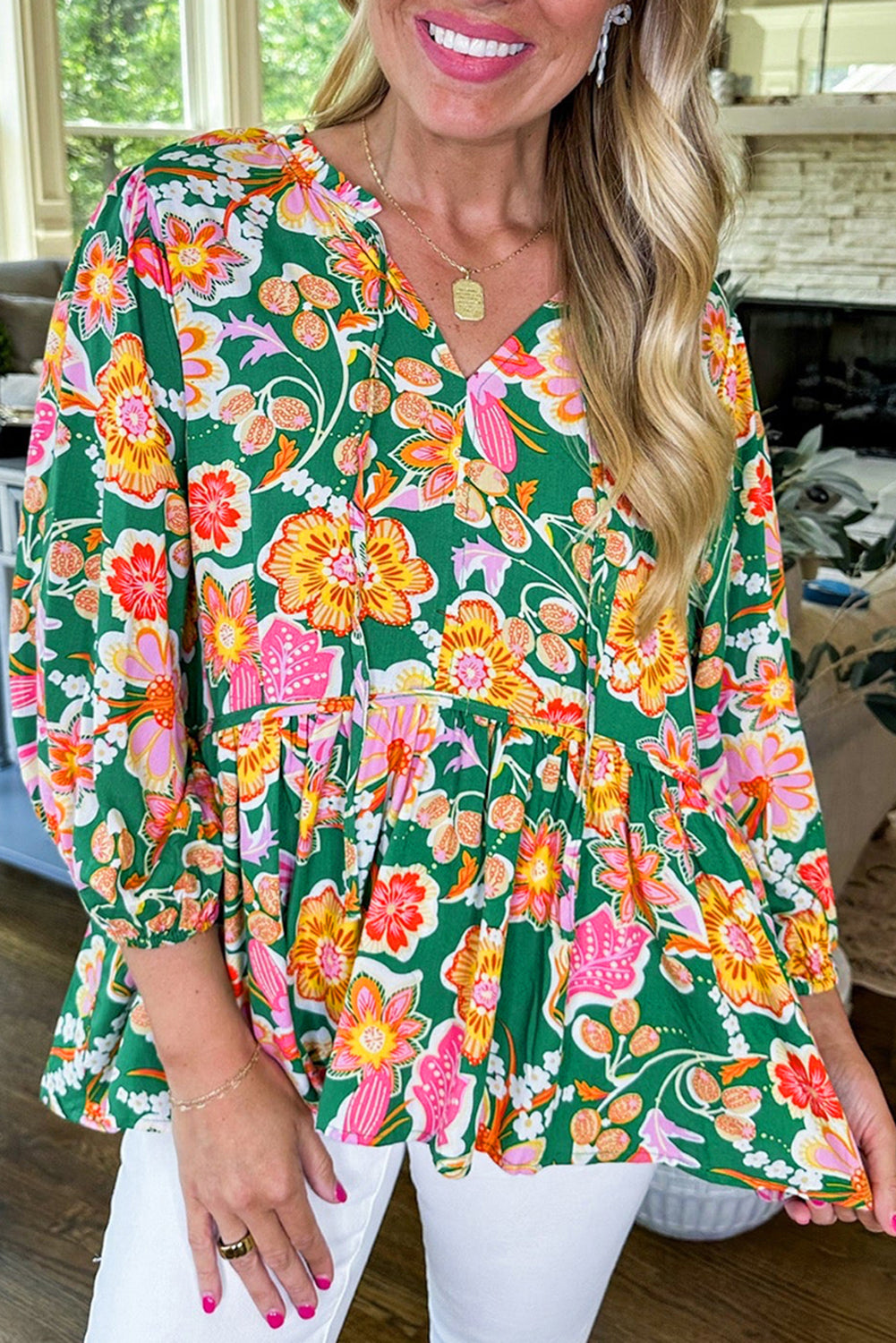 Floral Puff Sleeve V-Neck Peplum Blouse – Green Women S–XL