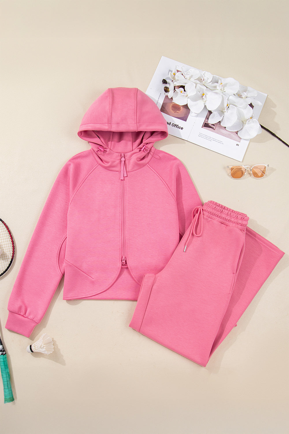 Zip-Up Hoodie & Drawstring Pants Tracksuit Set in Pink