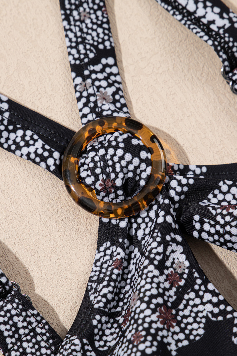 Black Abstract Print Buckle Crossed Straps Skirted Tankini 2-Piece Swimsuit