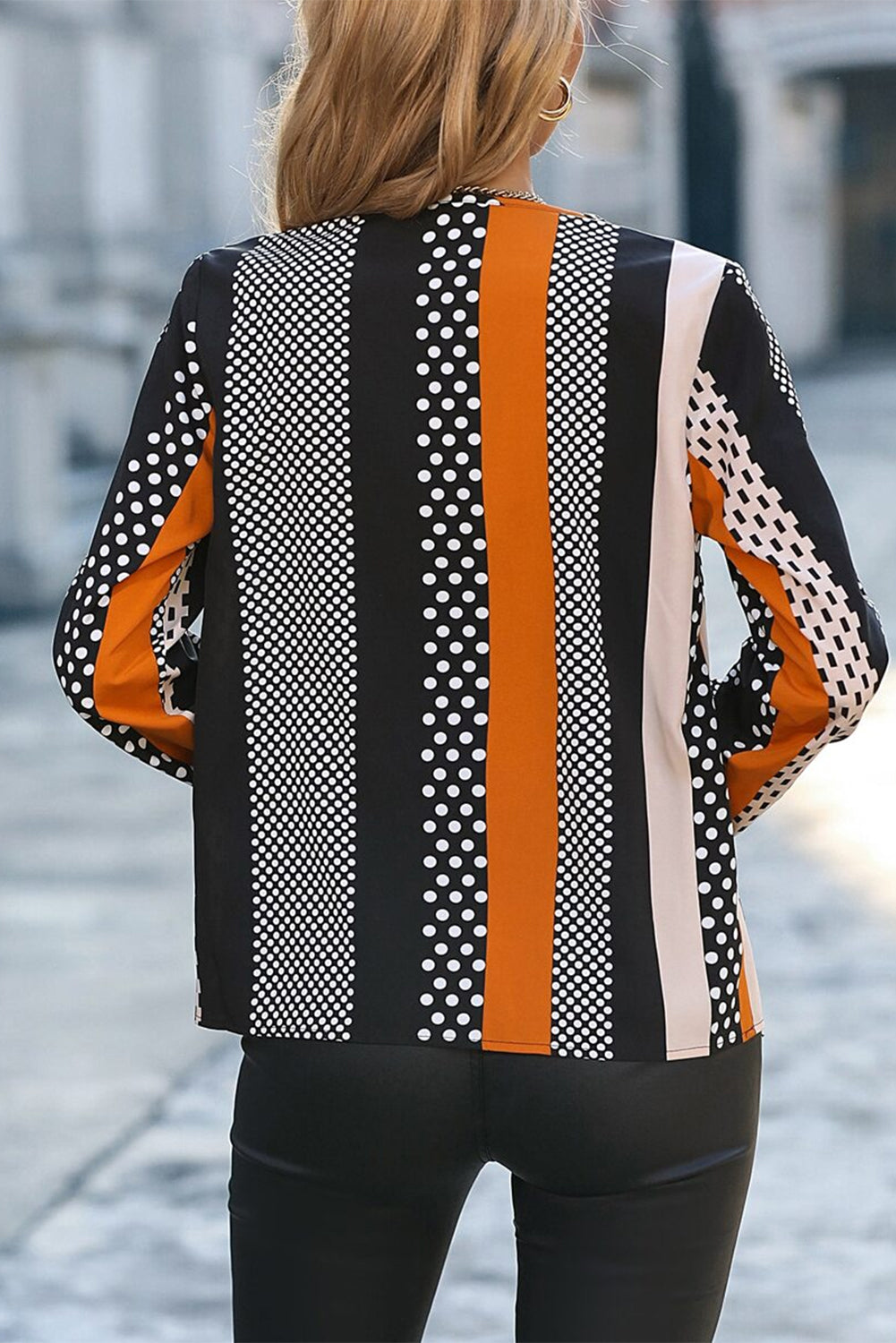 Orange Geo Print Colorblock Notched V-Neck Blouse