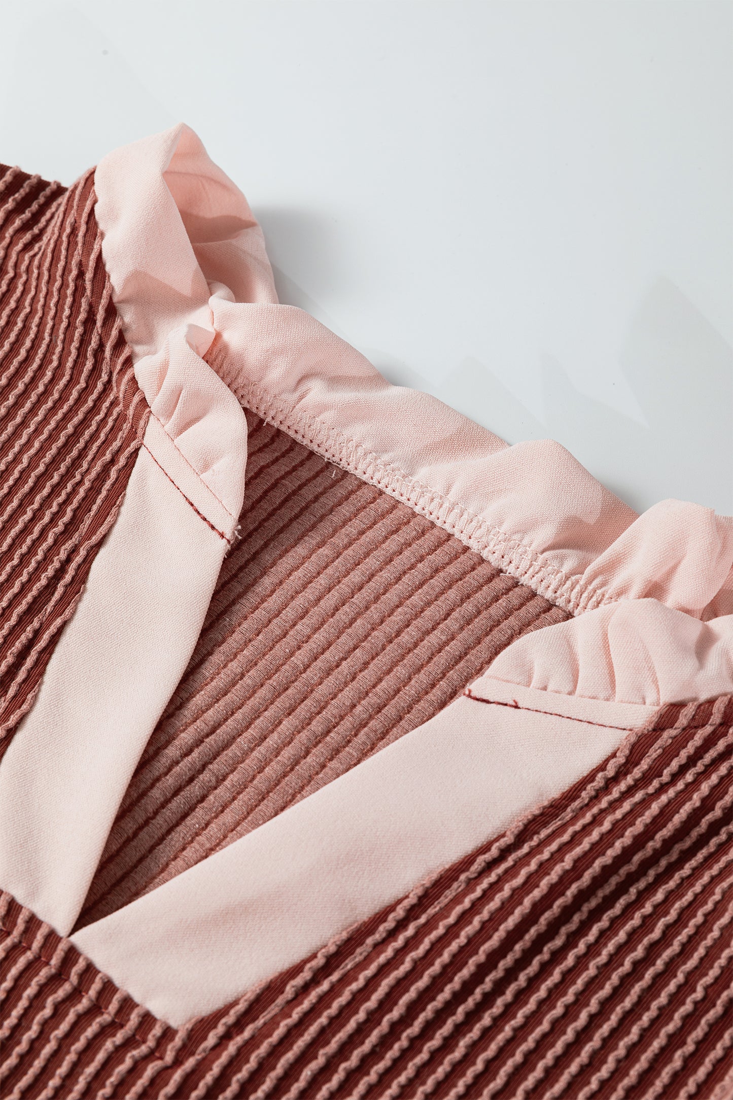 Frilled Neckline Ruffled Sleeve Ribbed Blouse | Plus Size | Rose Pink | L–4X