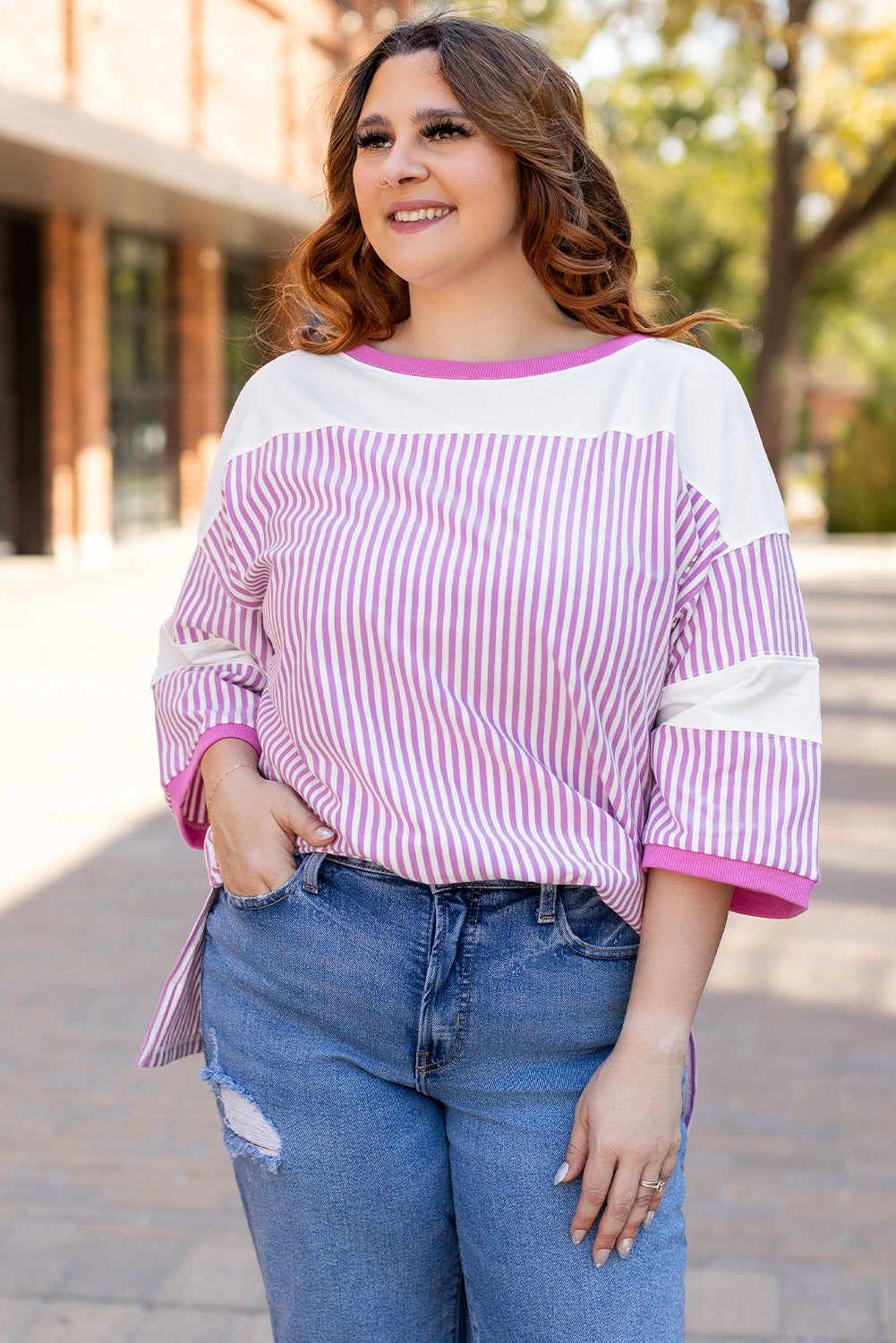 Stripe Patchwork Bracelet Sleeve T-Shirt | Plus Size | Pink Stripe | 1X–3X