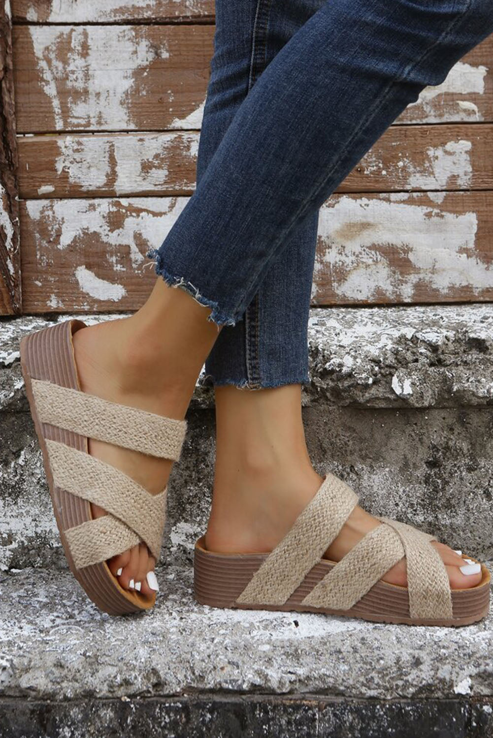 Beige Woven Crisscross Hollowed Platform Slides