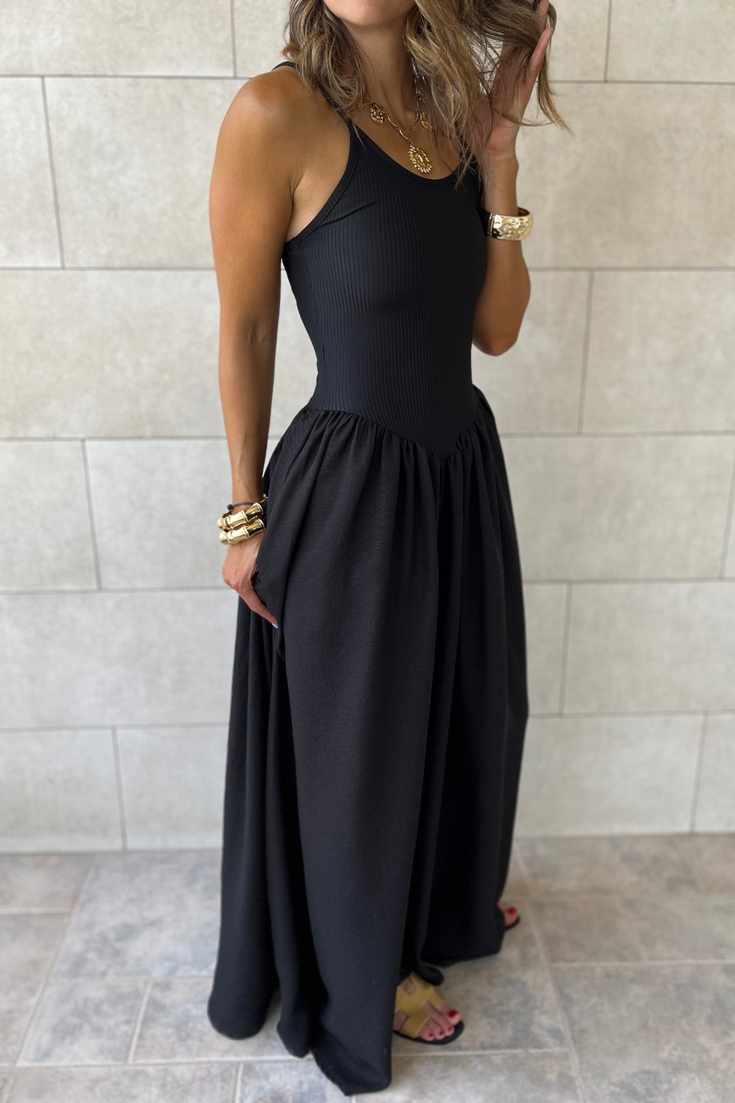 Black Ribbed Spaghetti Strap Maxi Dress Women S–XL