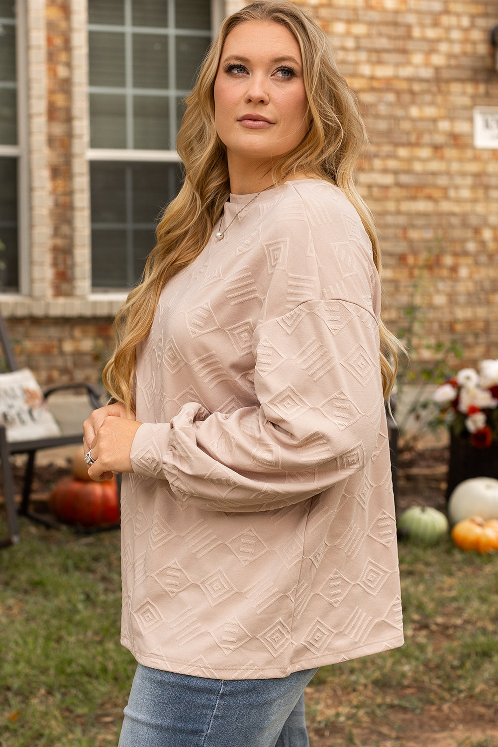 Textured Drop Shoulder Crew Neck Sweatshirt | Plus Size | Cream | 1X–4X