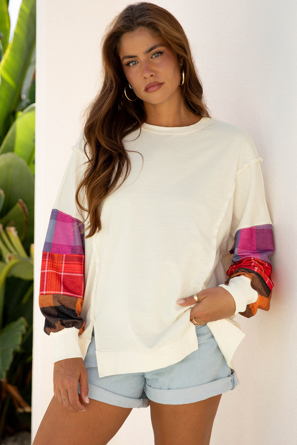 Beige Contrast Plaid Long Sleeve Exposed Seam Patchwork Top
