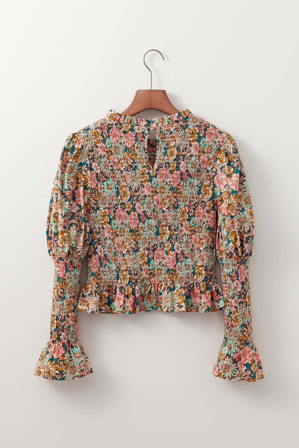 Multicolor Floral Print Smocked Bubble Sleeve Ruffled Crop Top