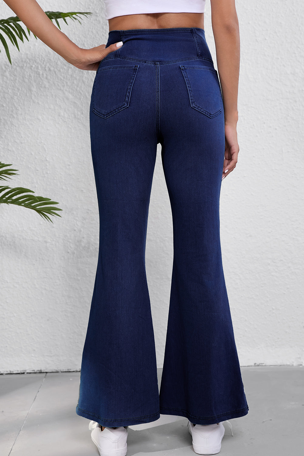 Dusty Blue Crossed Waist Fit & Flare Knit Jeans