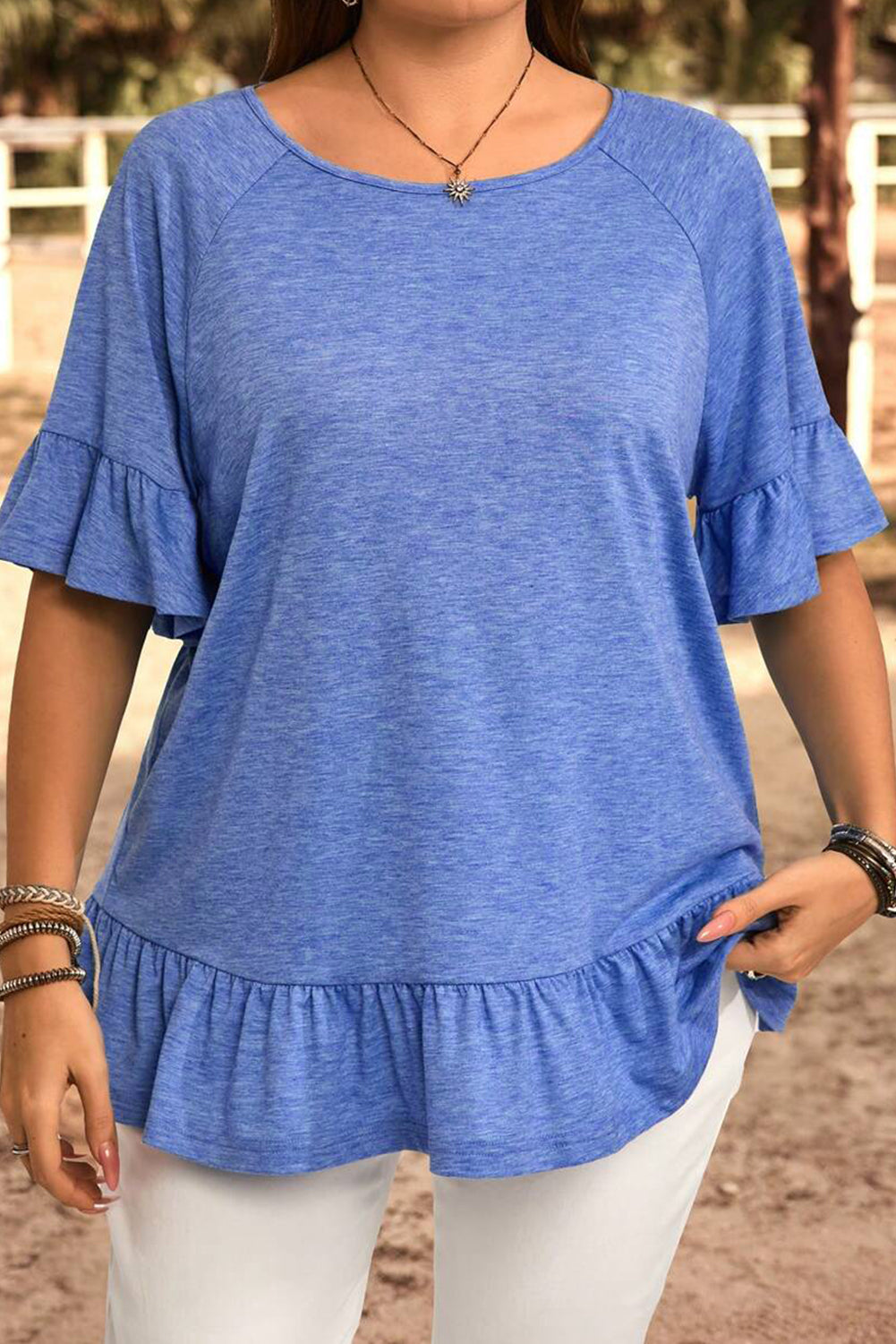 Ruffled Raglan Short Sleeve Blouse | Plus Size | Dusk Blue | 1X–4X