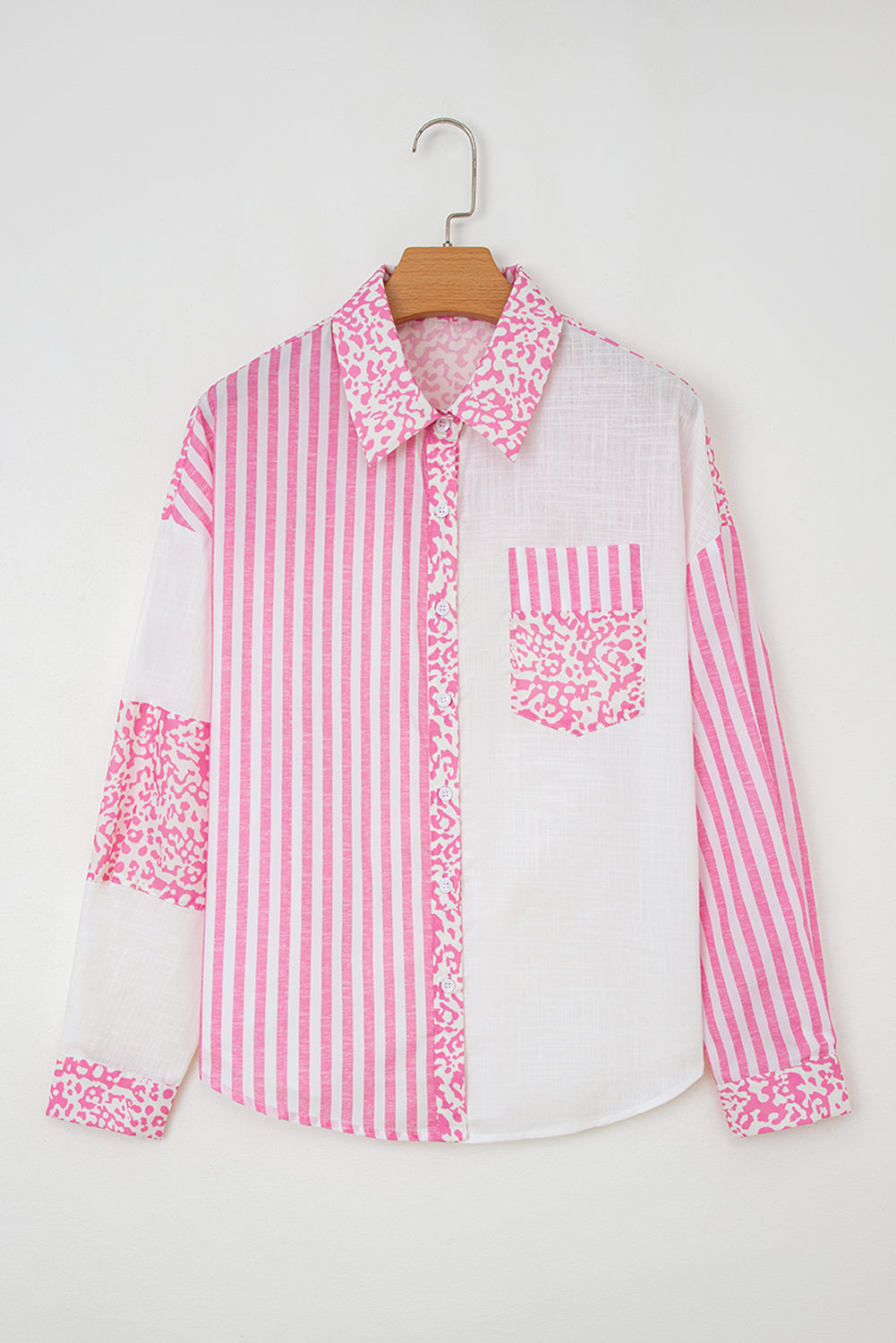 Leopard Stripe Patchwork Button Front Pocket Western Shirt