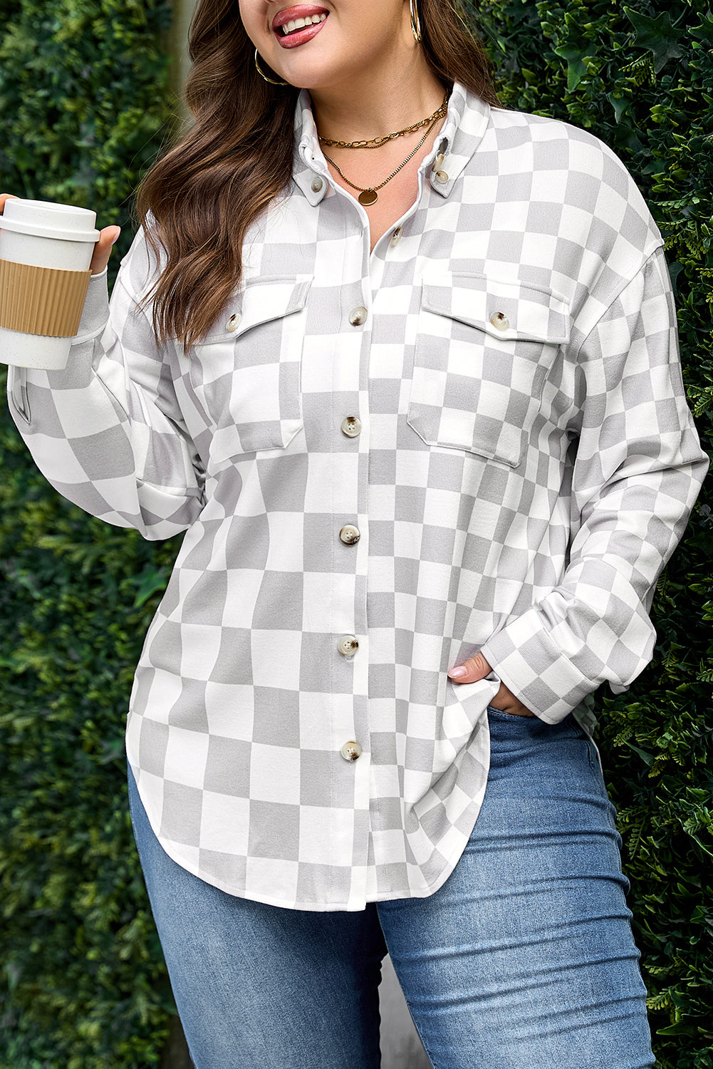 Checkered Button-Down Western Jacket | Plus Size | Khaki | 1X–4X