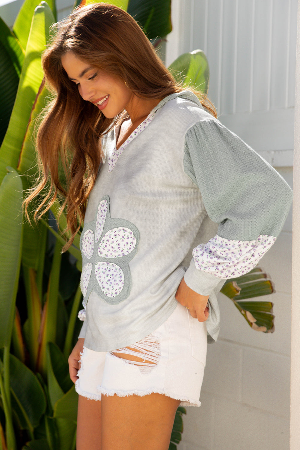 Floral Patch Waffle Texture Colorblock V-Neck Hoodie Top