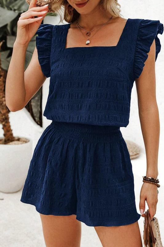 Dirty Blue Textured Square Neck Top & Shirred High Waist Shorts Set