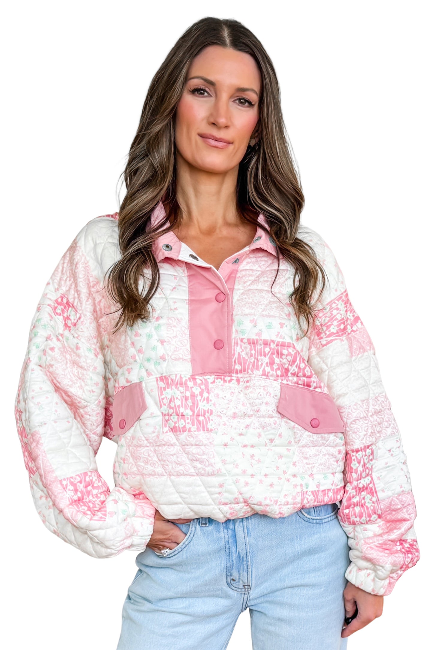 Women's Floral Quilted Button Pullover Sweatshirt S to XL