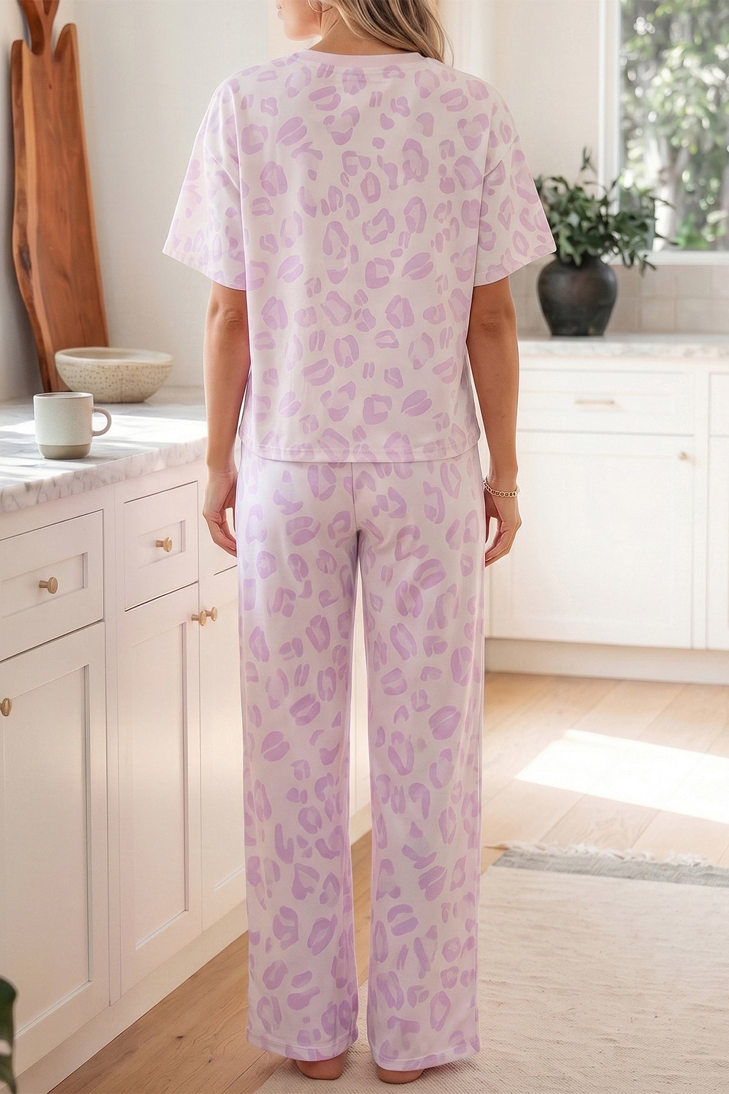 Pink Leopard Print Short Sleeve Top & Pants Two-Piece Set | S–XL