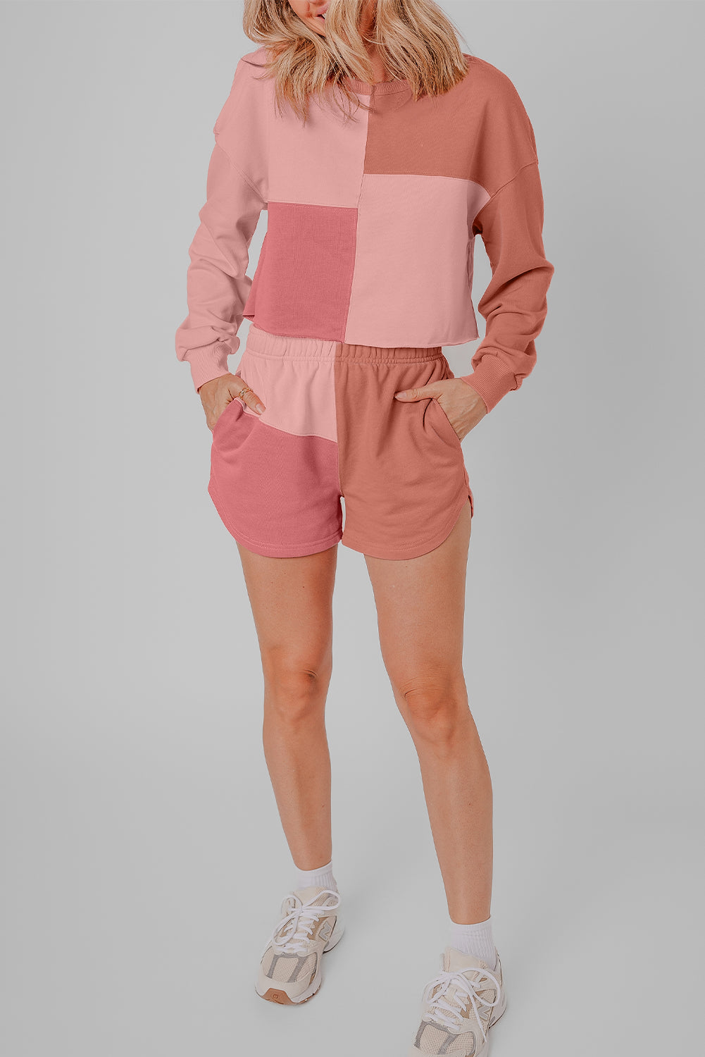 Peach Blossom Colorblock Patchwork Long Sleeve Shorts Set