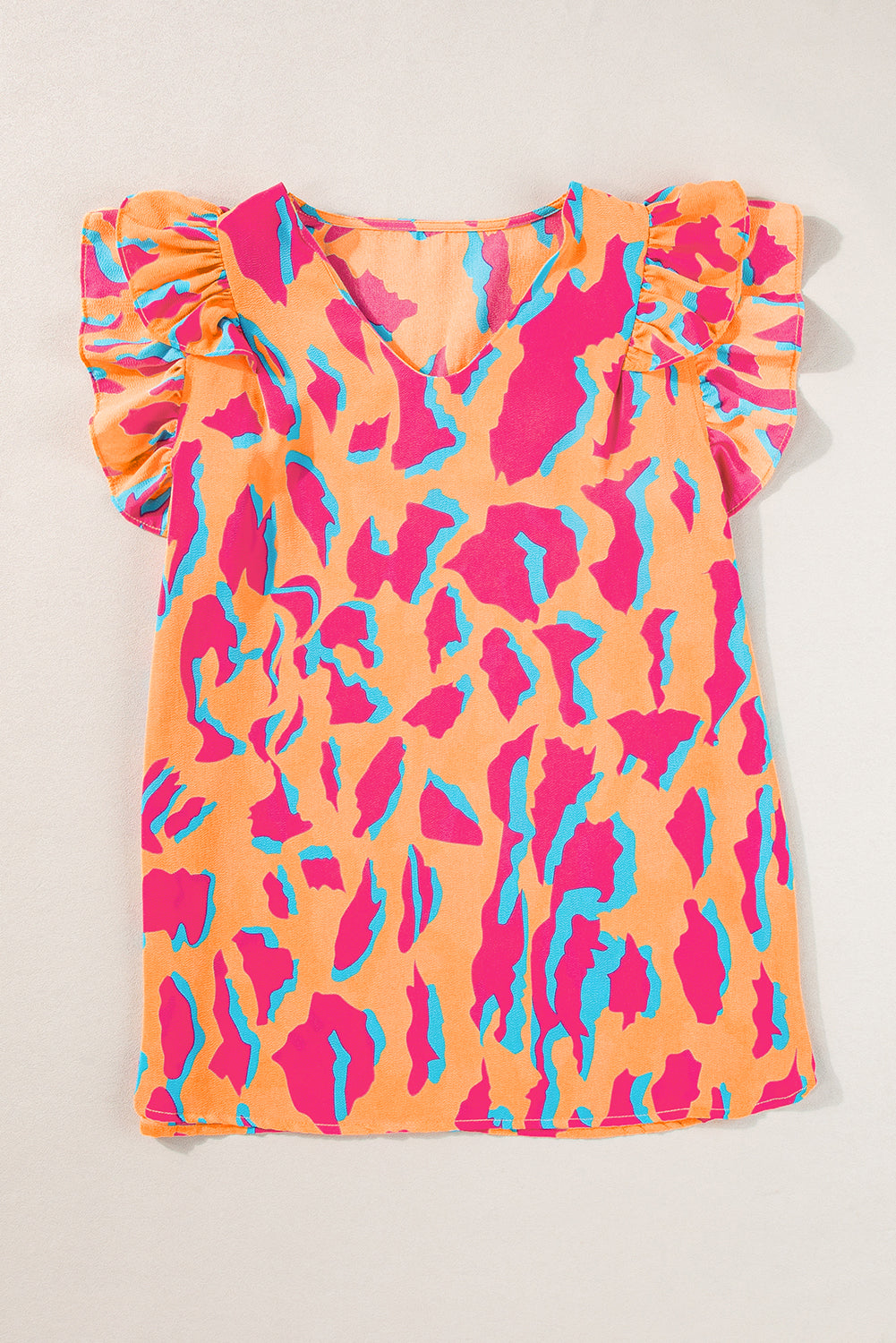 Abstract Print V-Neck Double Ruffle Sleeve Blouse