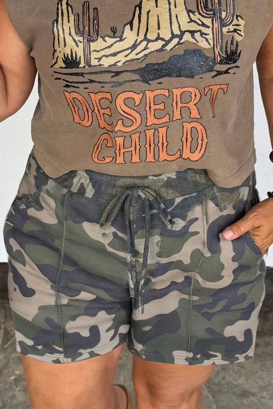 Green Camo Print Drawstring Waist Shorts with Pockets | Plus Size 1X–4X
