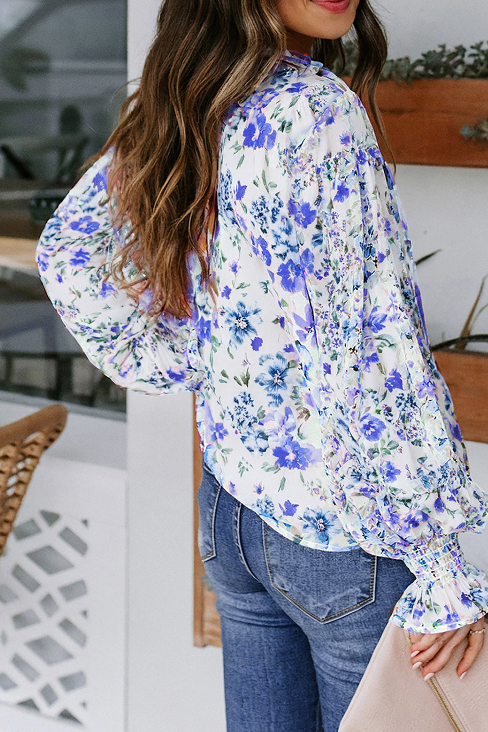 Floral Smocked Sleeve Ruffle Neck Blouse.  S-2x