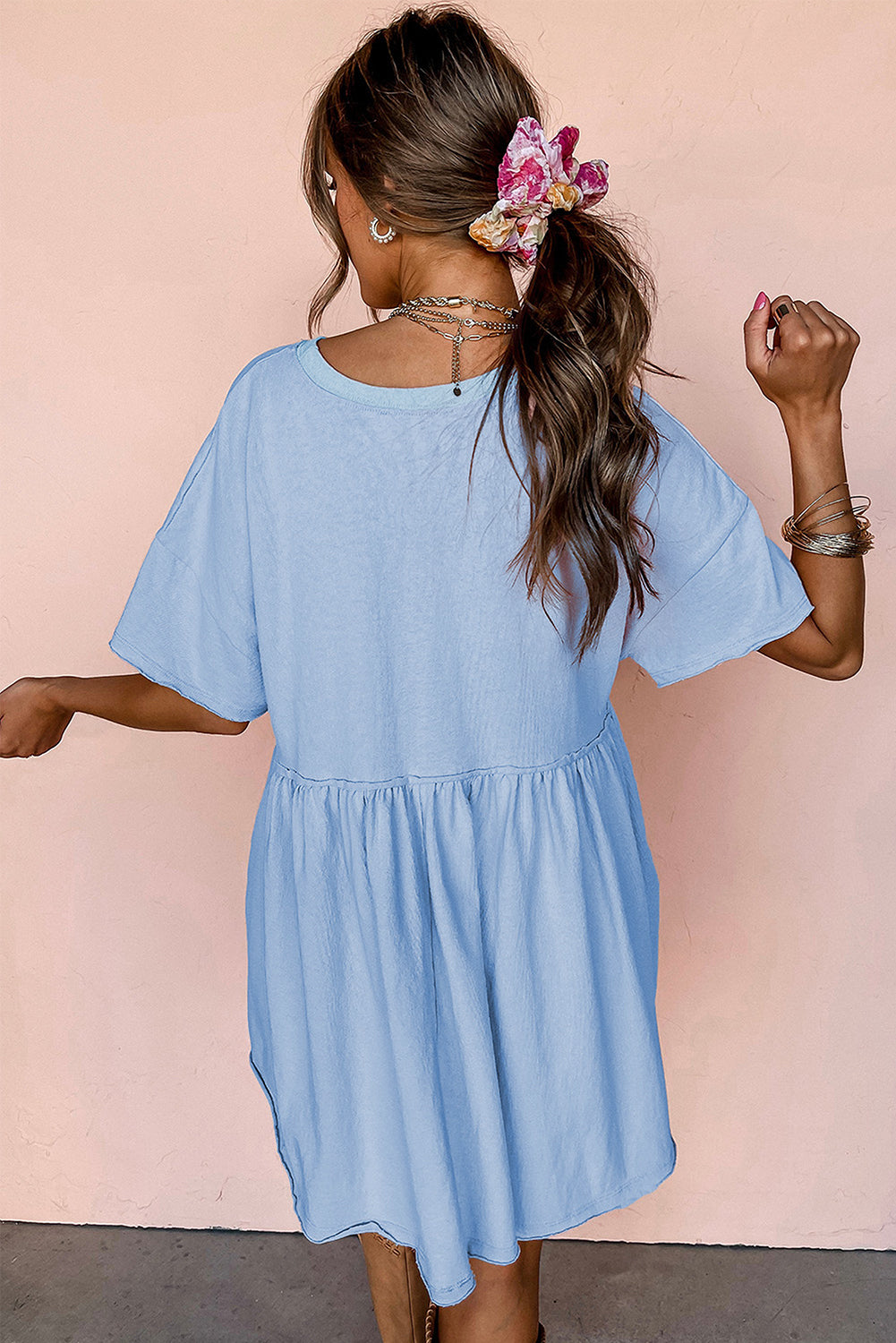 Solid Color Pocketed Raw Edge Babydoll Mini Dress