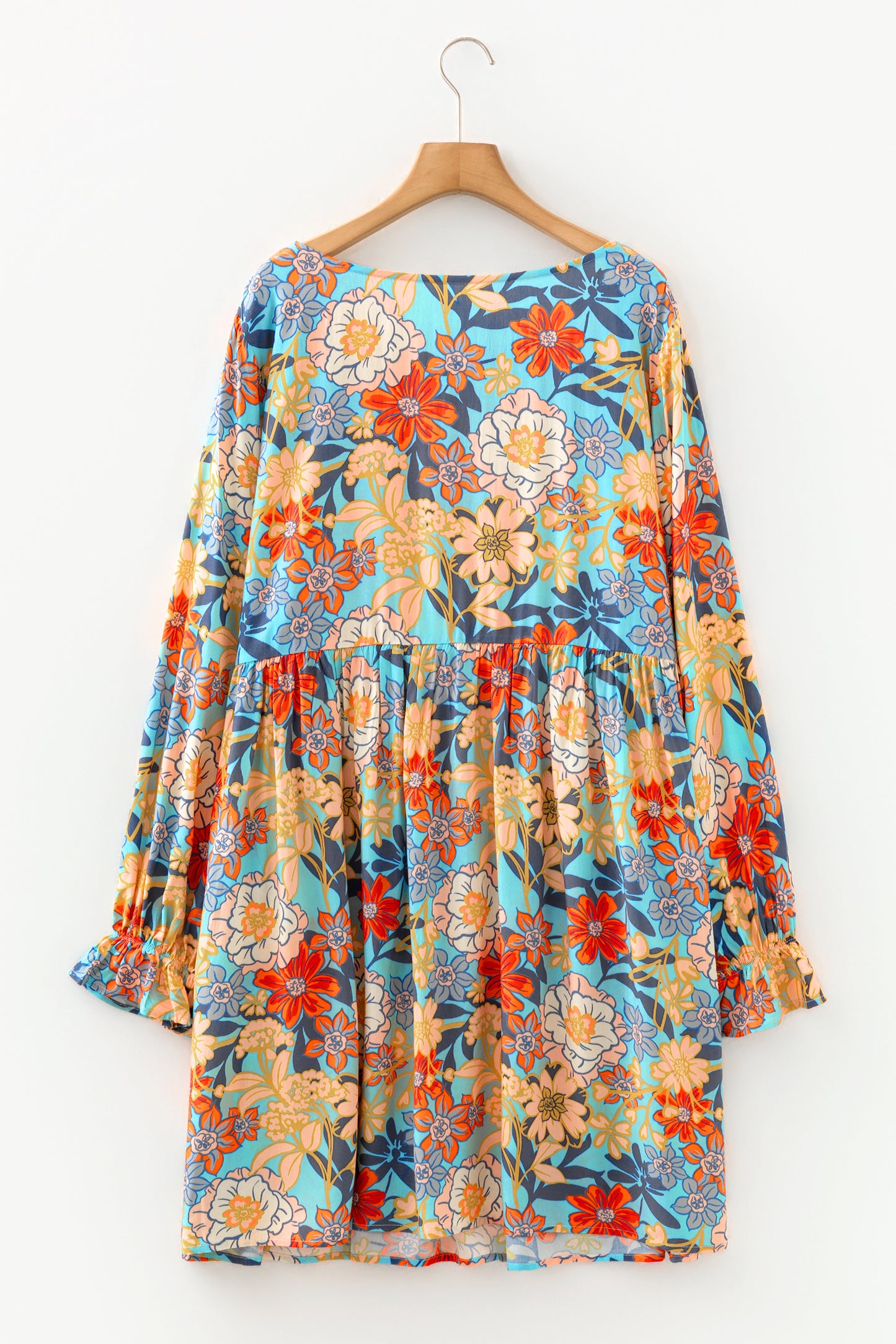 Plus Size Floral Flounce Sleeve Pleated Mini Dress in Blue