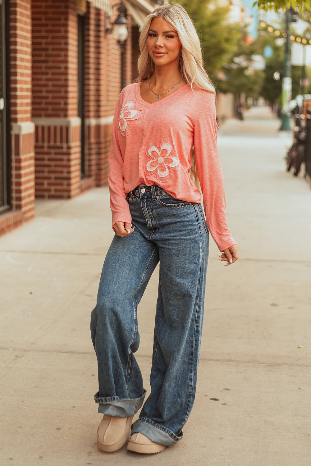 Floral Patchwork V Neck Long Sleeve Shirt