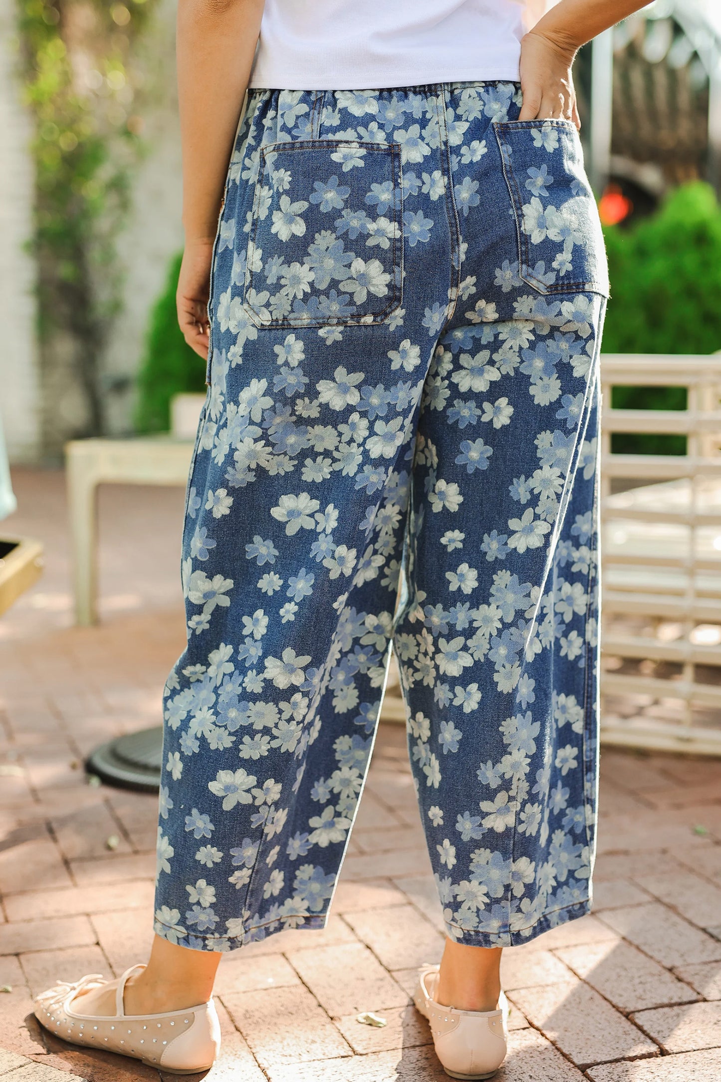 Denim Blue Floral Print Cropped Barrel Jeans | Women Size 4–16