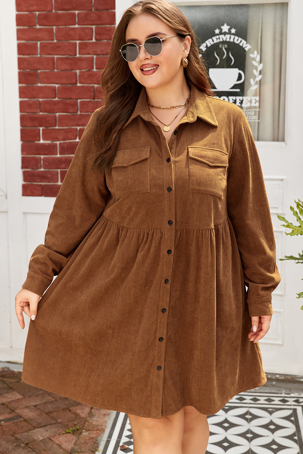 Plus Size Brown Corduroy Peplum Dress Women 1X–4X
