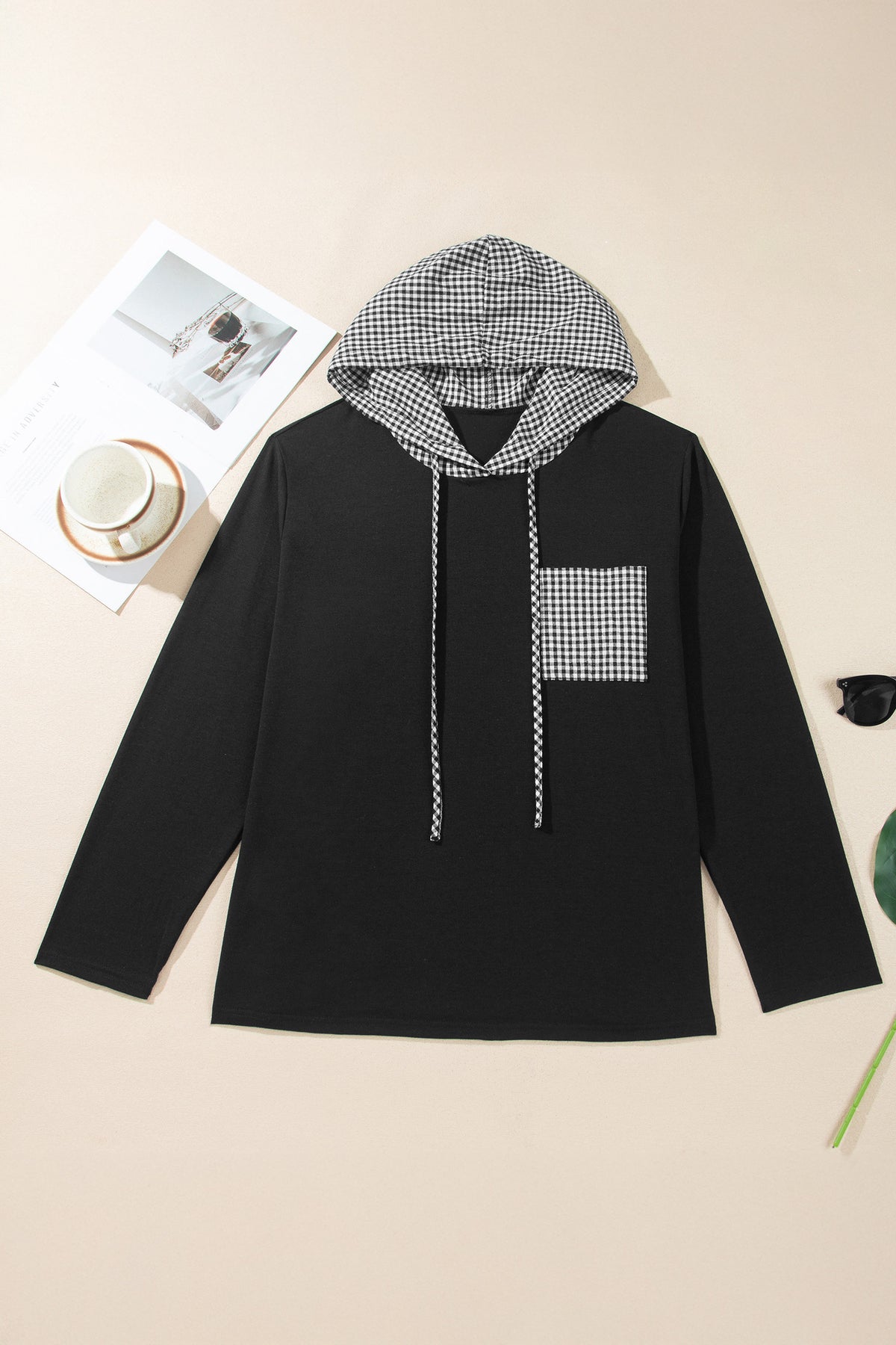 Women's Plus Size Black Hooded Checkered Print Long Sleeve Shirt 1X to 4X