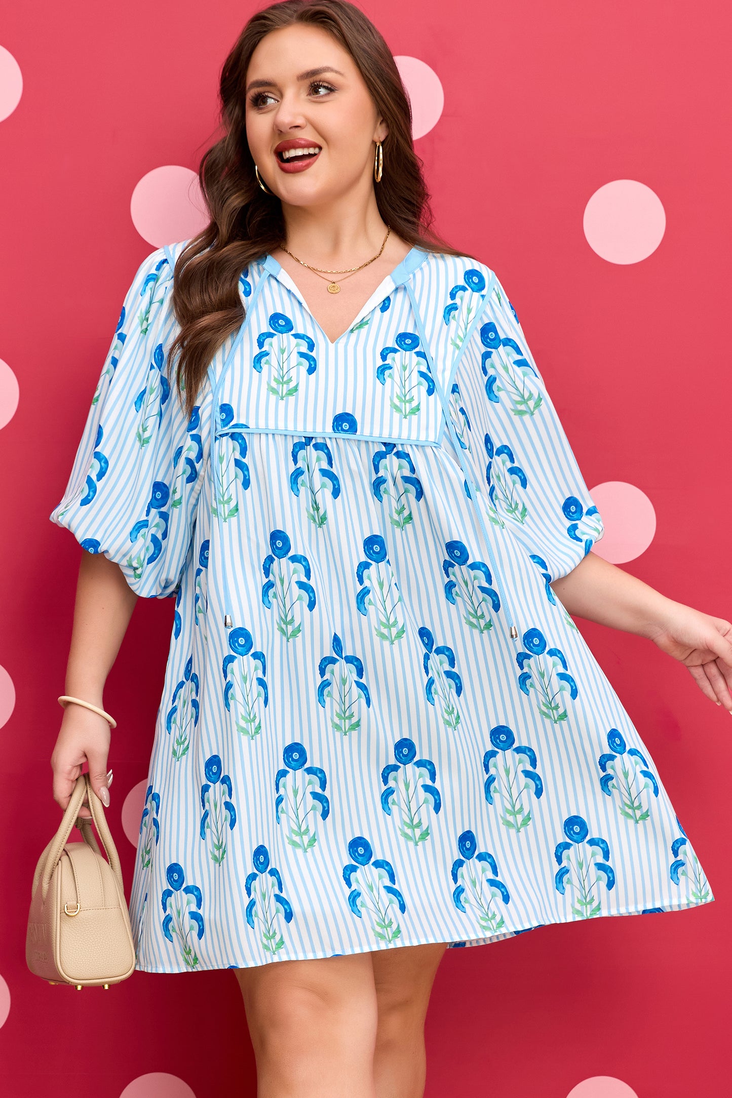 Plus Size Light Blue Floral Bubble Sleeve Dress 1X–4X