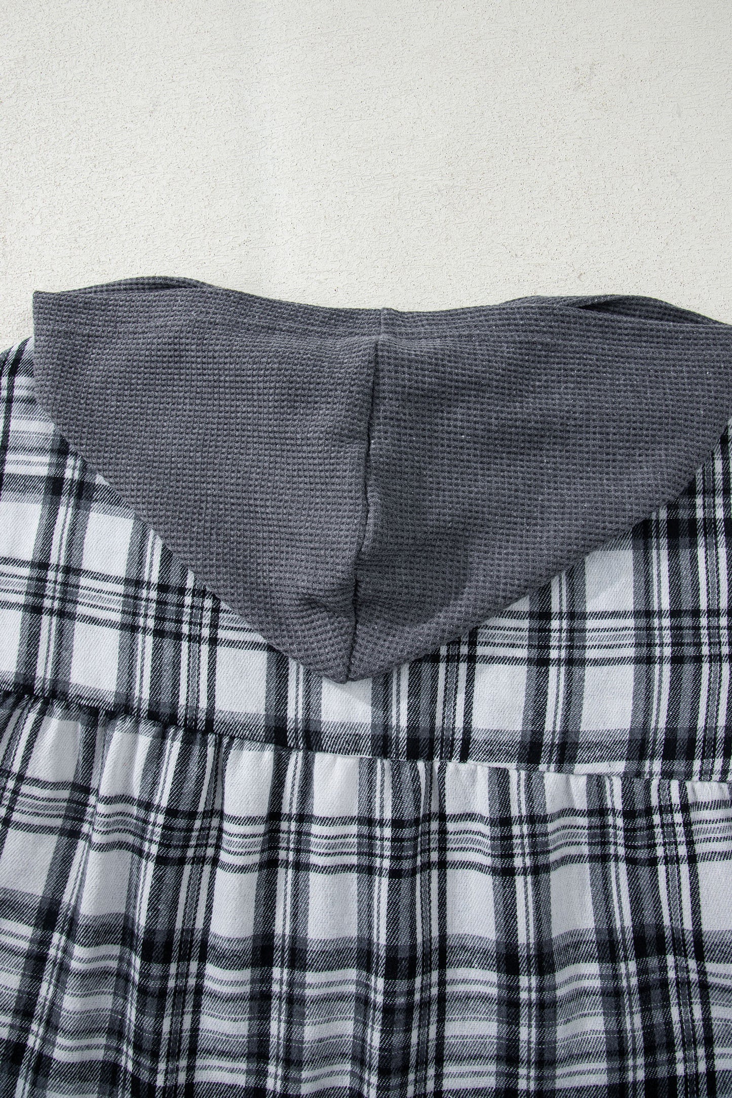 Plaid Patchwork Quarter-Button V-Neck Hooded Long Sleeve Blouse