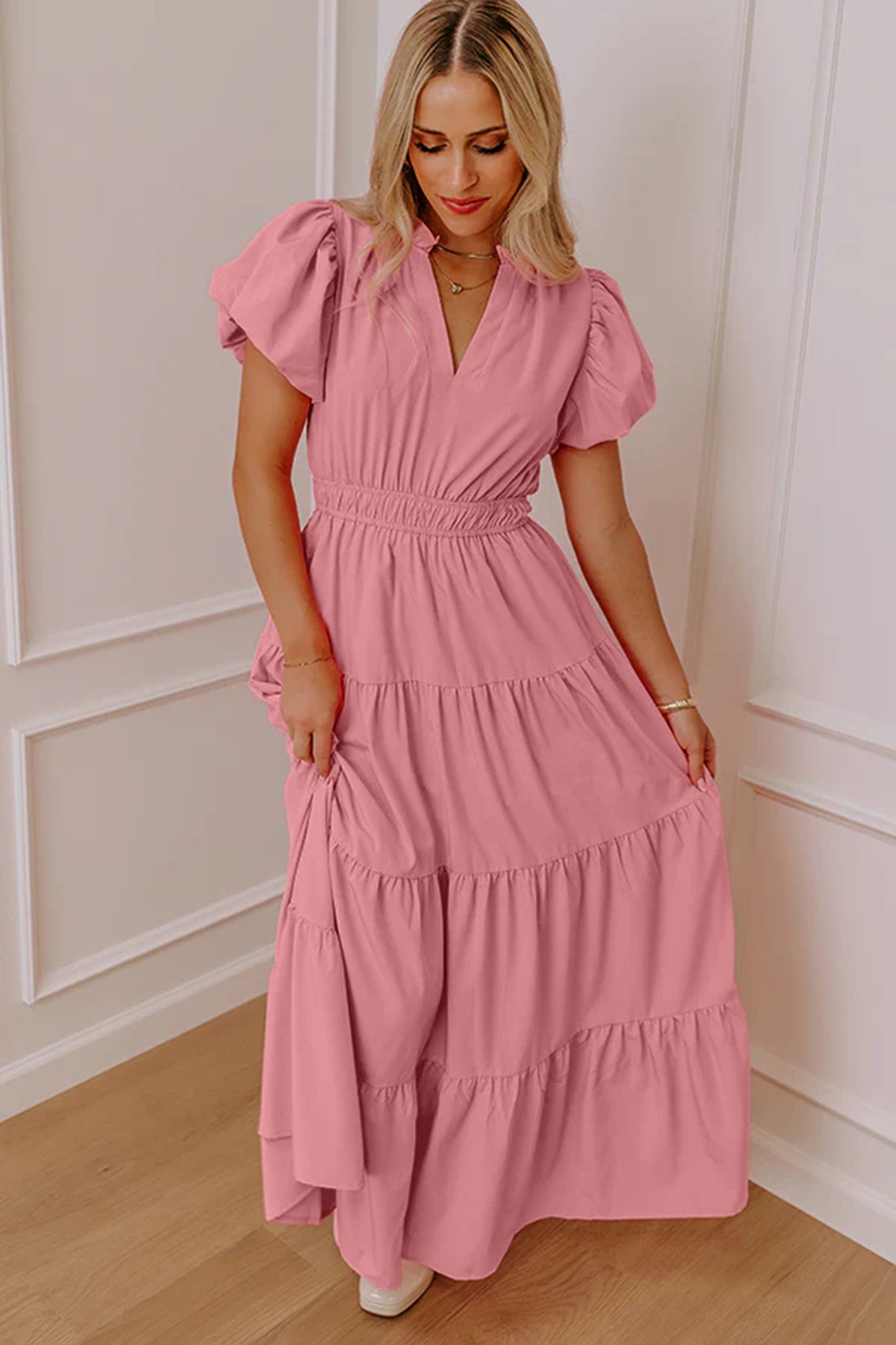 V-Neck Puff Sleeve High Waist Tiered Maxi Dress | 5 Colours | S–XL