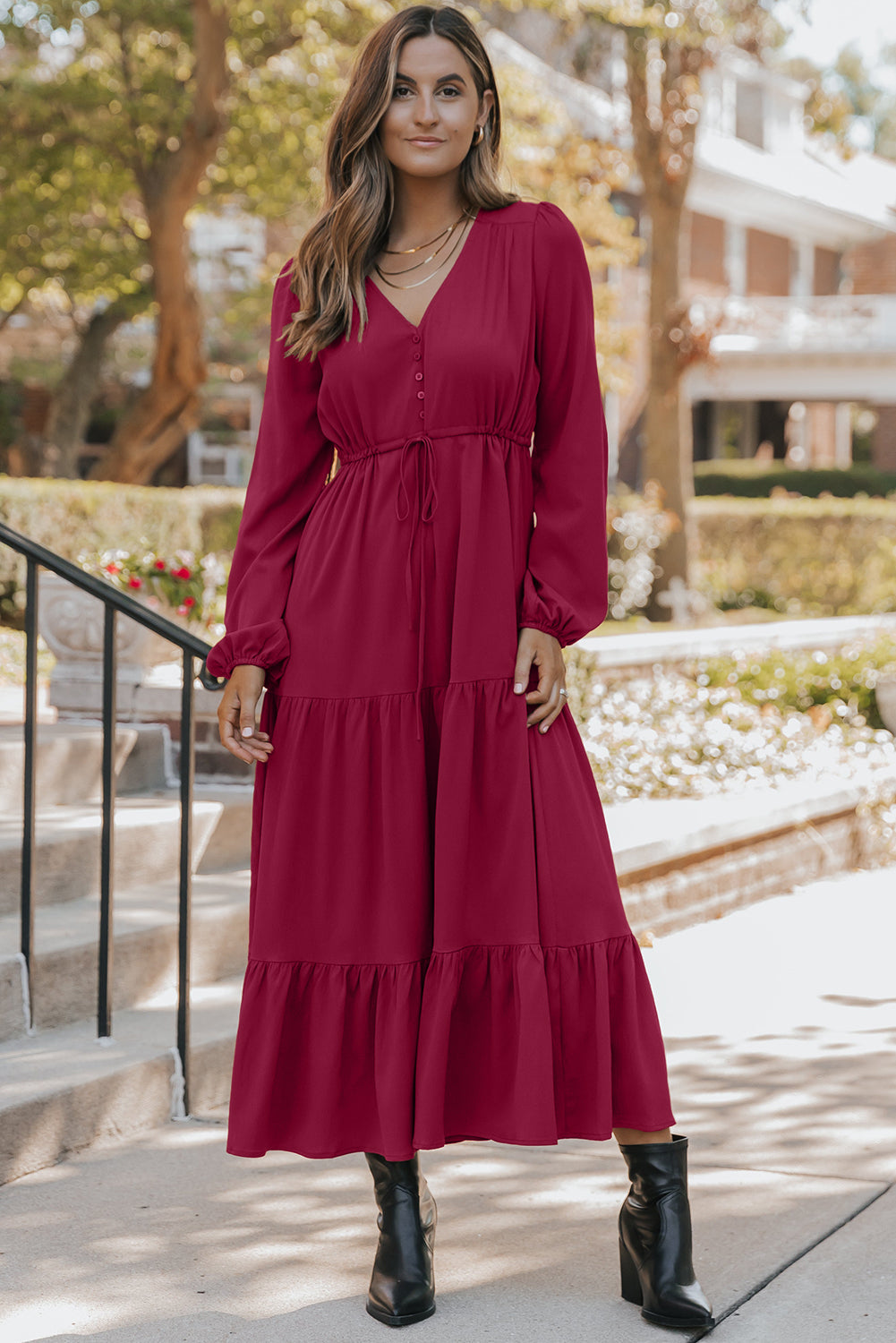 Solid Long Sleeve Button V-Neck Tiered Drawstring Waist Maxi Dress