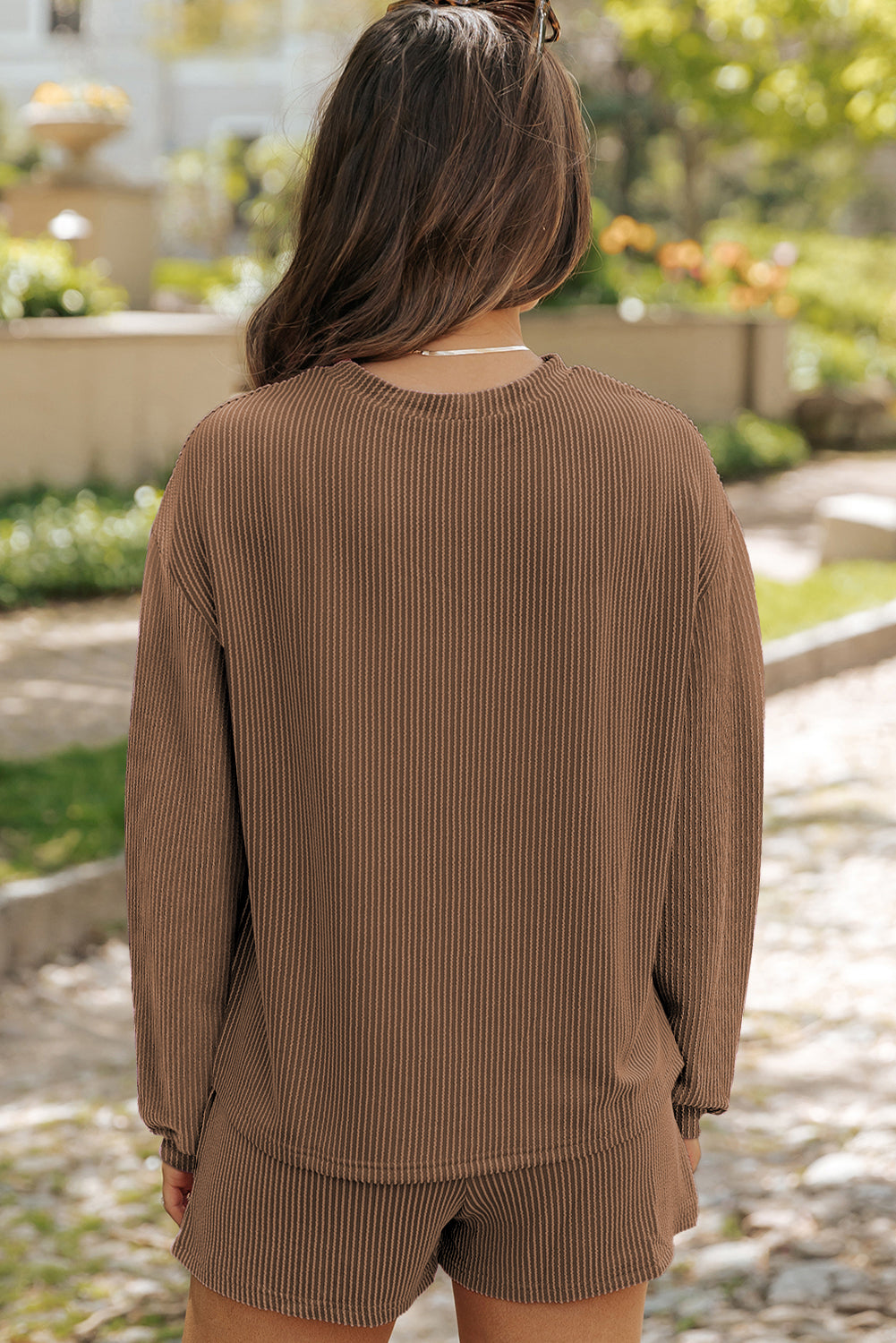 Corded Knit Long Sleeve Top High Waist Shorts Set