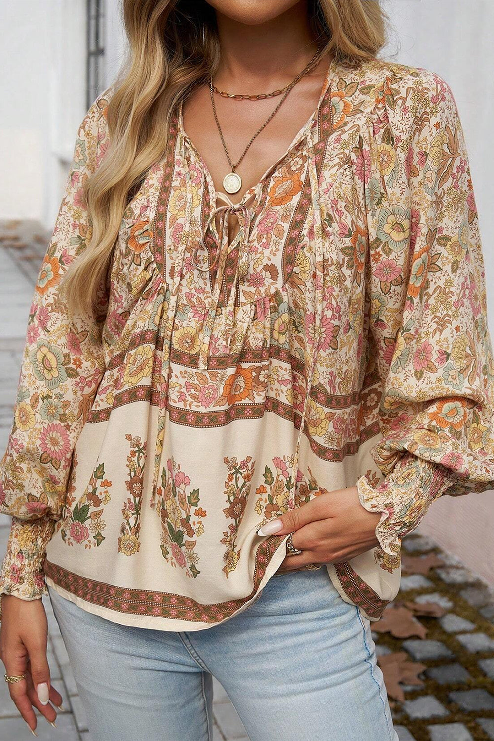 khaki Floral Print Tie Neck Lantern Sleeve Blouse
