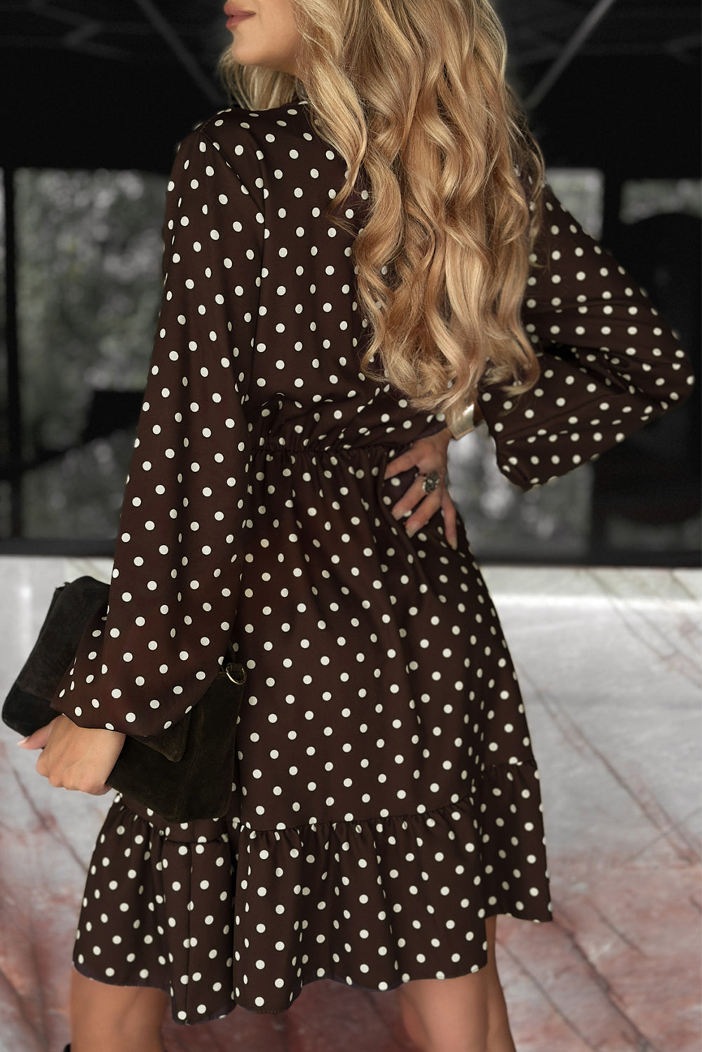 Chicory Coffee Polka Dot Long Sleeve Wrap V-Neck Ruffle Hem Mini Dress