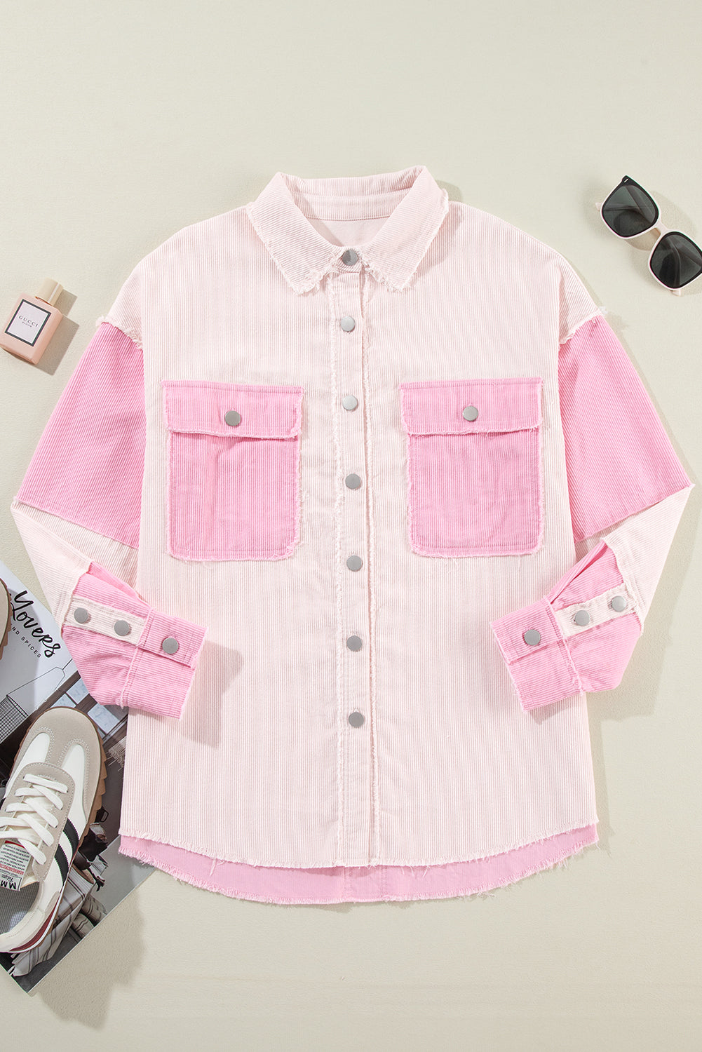 Two-Tone Pink Exposed Seam Corduroy Shacket