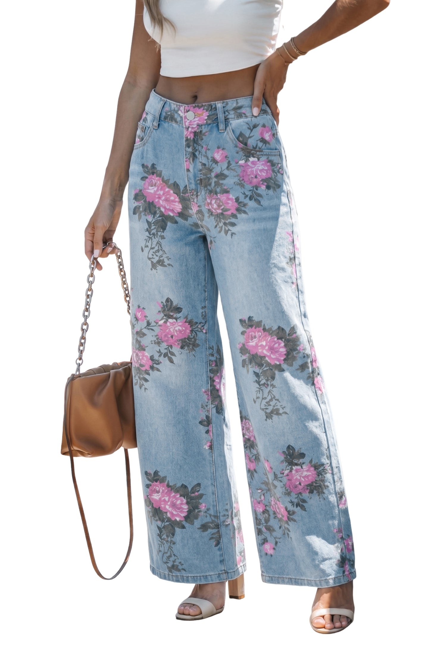 Light Blue Floral Print Cropped Wide Leg Jeans Women Size 4–16