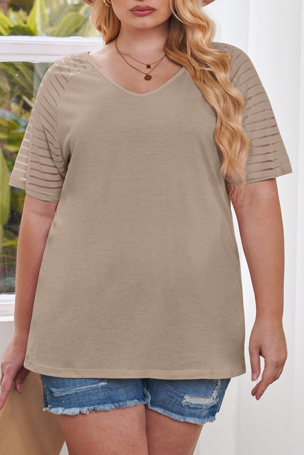 Plus Size Khaki Mesh Sleeve Short Sleeve Tee Women 1X–5X