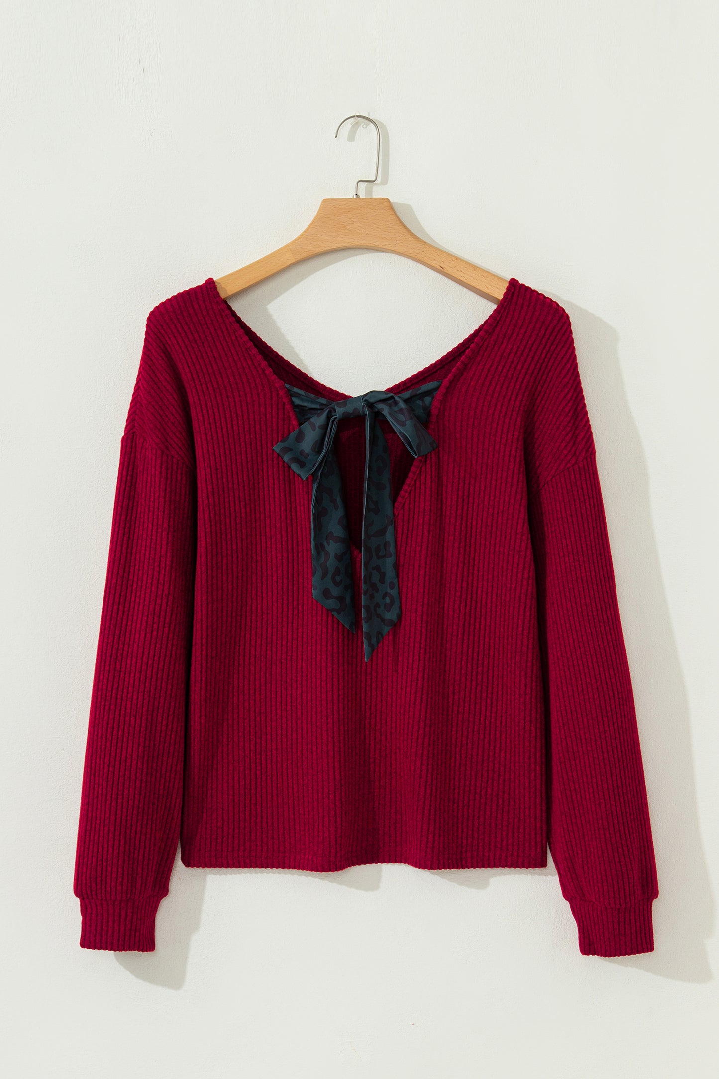 Ribbed V-Neck Bow Back Drop Shoulder Top in Racing Red