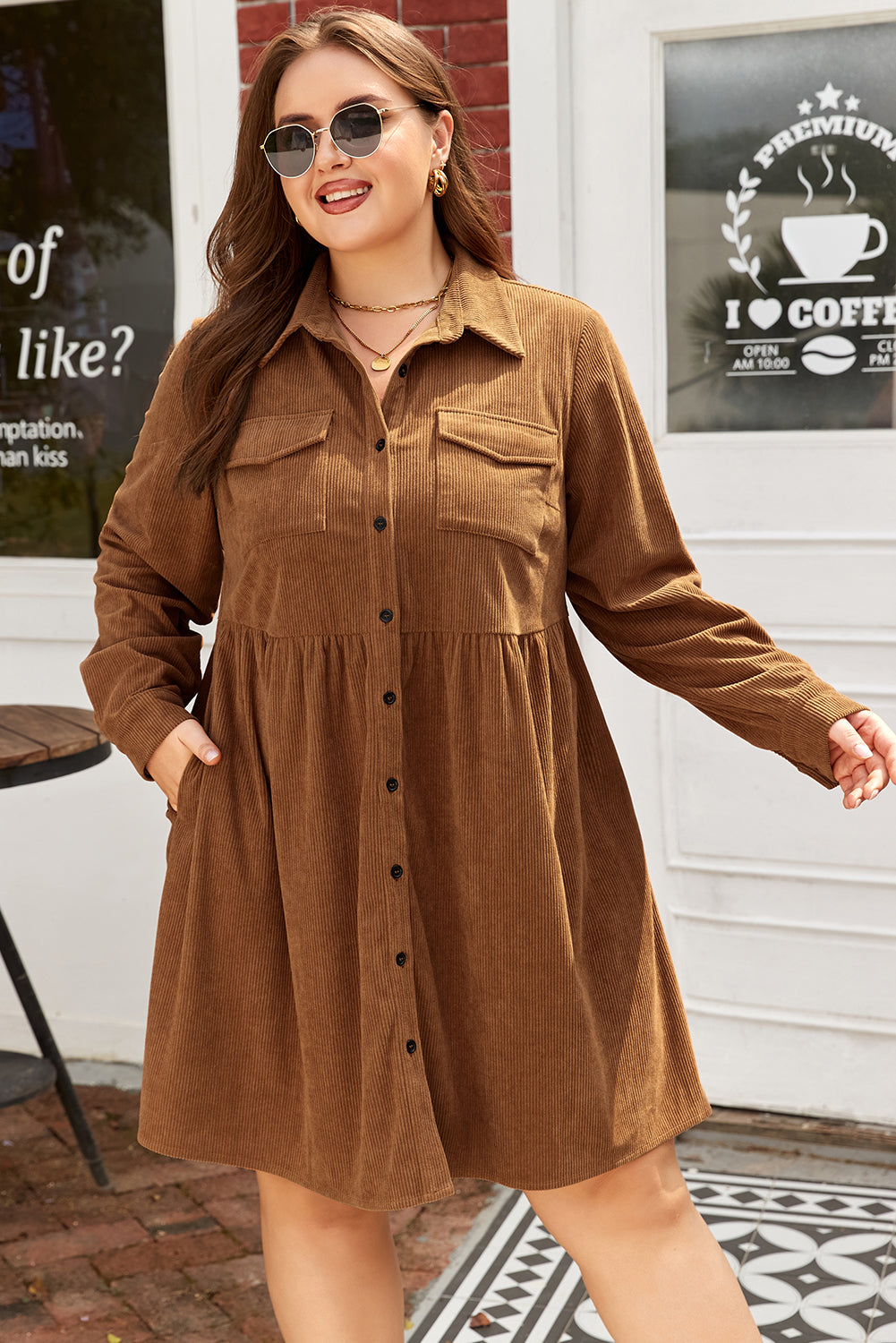 Plus Size Brown Corduroy Peplum Dress Women 1X–4X