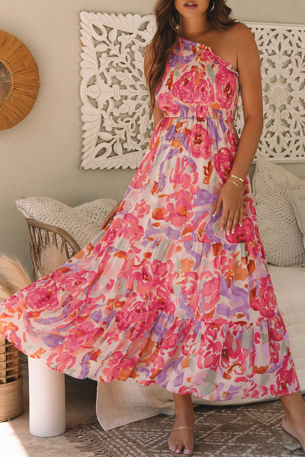 Abstract Floral Shirred One Shoulder Maxi Dress | Pink | S–XL